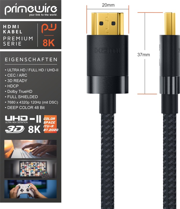 Actual product image Primewire HDMI Cable 2.1, 8K @ 120Hz / 4K @ 240Hz DSC, Ultra High Speed, Nylon Jacket, HDR, ARC (1 m, HDMI)
