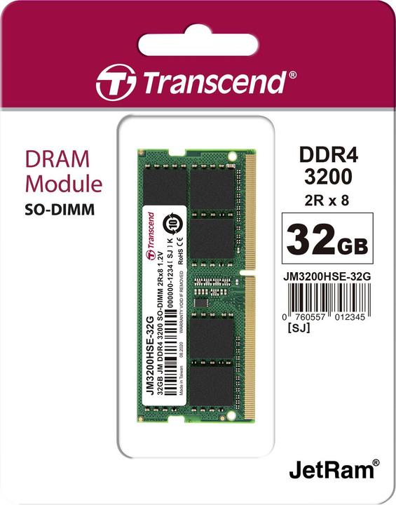 Actual product image Transcend SO DDR4 PC 3200 CL22 JetRam, JM3200HSE-32G (2 x 8GB, 3200 MHz, DDR4-RAM, SO-DIMM)