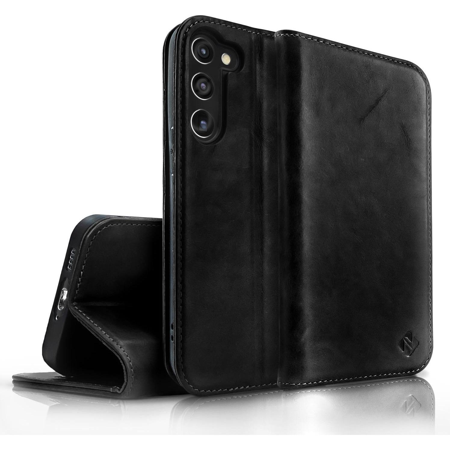 Nalia Echt Leder Flip Case Hülle mit Magnetverschluss (Samsung Galaxy S23+), Smartphone Hülle, Schwarz