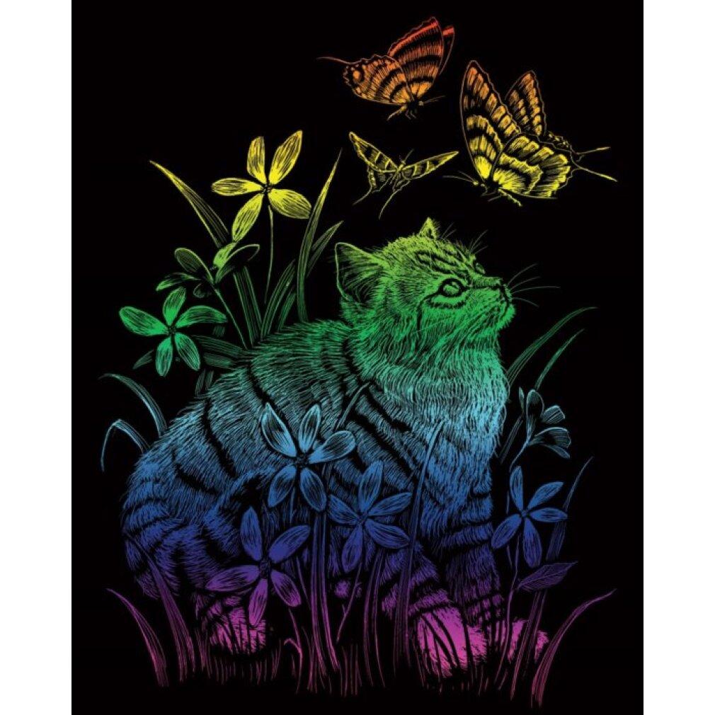 Thumbnail - Royal & Langnickel Regenbogen Kratzbild Katze mit Schmetterlingen