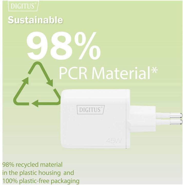 Productafbeelding Digitus USB GaN Charger 45W, 1x USB-C, 1x USB-A (45 W, 2 ports)