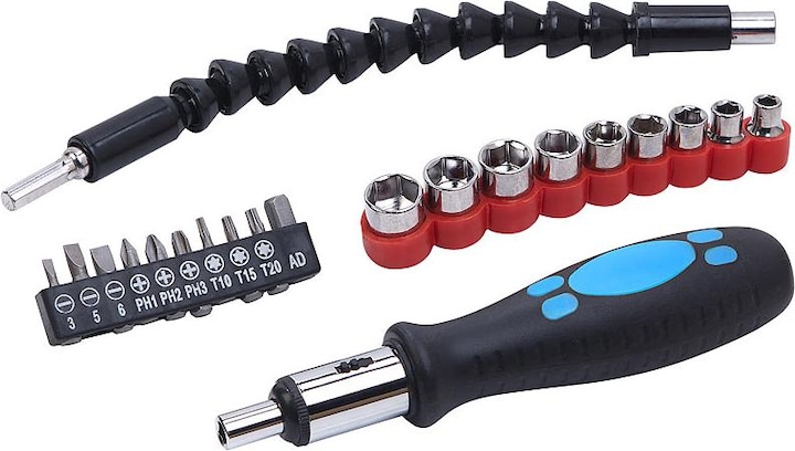 Image du produit AGT Tournevis à cliquet avec arbre flexible, 9 embouts, 9 douilles (évidement transversal, Escale)