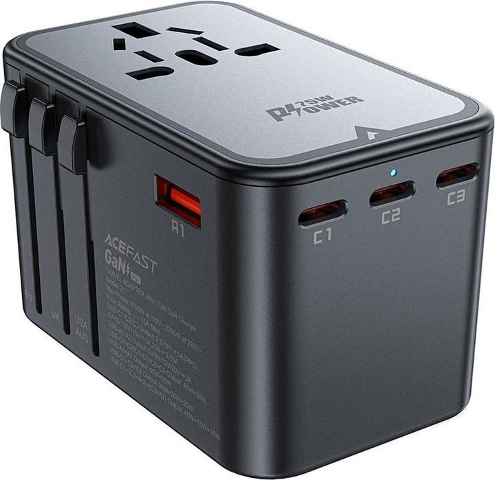 Productafbeelding Acefast Multifunctionele reiswandlader Z1, 2xUSB-A, 3xUSB-C, GaN, 67W, VS/EU/UK/AU (zwart)