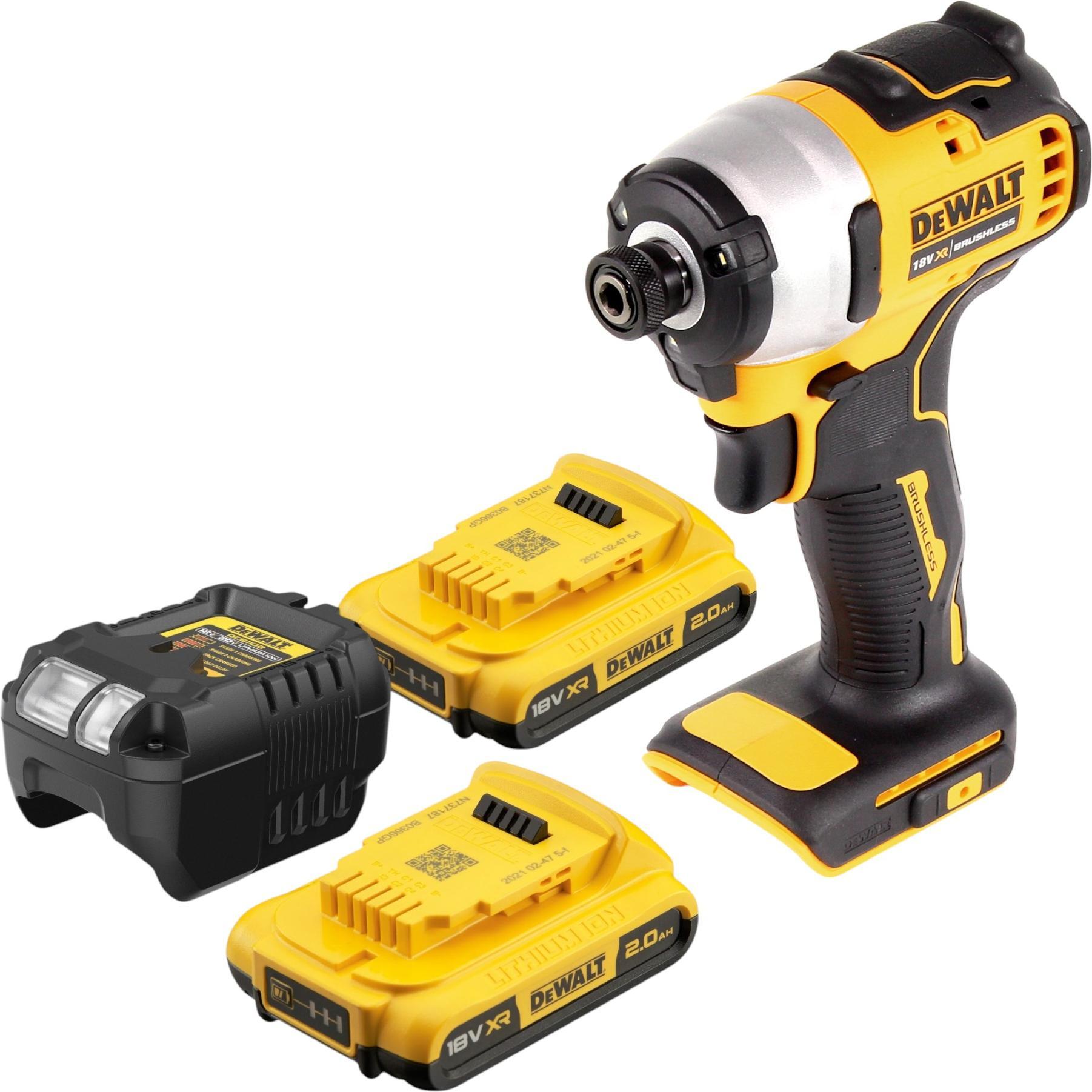 DeWalt, Bohrmaschine + Akkuschrauber, DCF 809 D2 Akku Schlagschrauber 18 V 190 Nm 1/4" Brushless + 2x Akku 2,0 Ah + Lade...