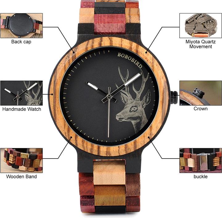 Image du produit Natura Punto Montre élégante en bambou, bois de santal et d'ébène, tête de cerf peinte