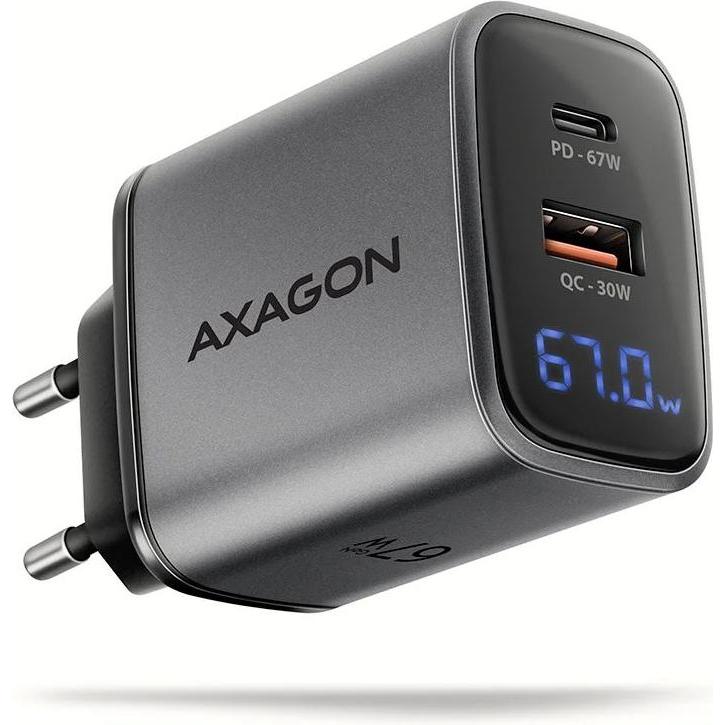 Axagon ACU-PQ67D, GaN nabíječka do sítě 67W, výstup USB-A + USB-C, PD3.0/PPS/QC4+/SFC2.0/Apple, LCD (67 W), Caricatore USB, Nero