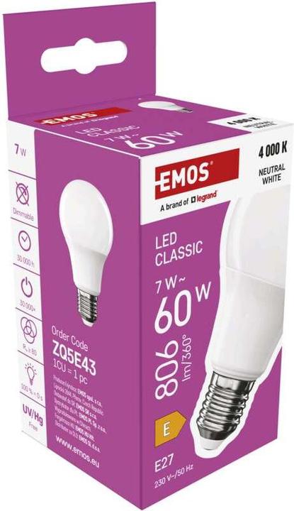 Image du produit Emos Lampe LED Classic A60 / E27 / 7 W (60 W) / 806 lm / Blanc neutre (E27, 7 W, 806 lm, 1 x, E)