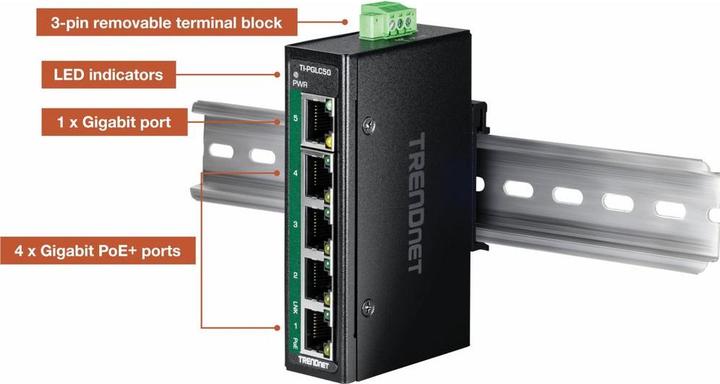 Actual product image Trendnet 5-Port Industrial Gigabit Poe+ (5 ports)