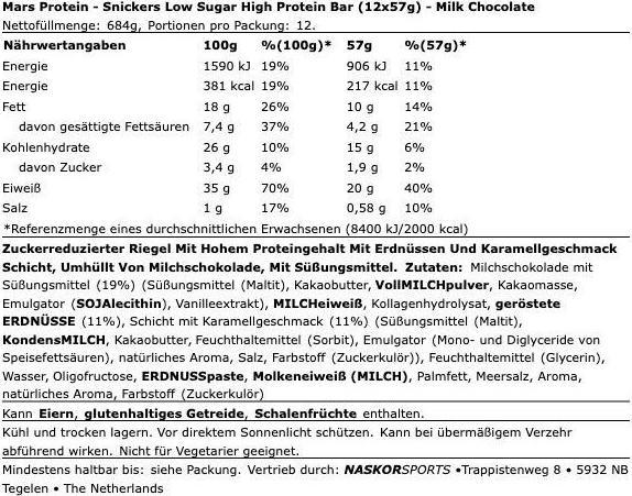 Nährwerte und Zutaten Snickers Hi Protein Low Sugar Bar (12 Stk., 684 g)