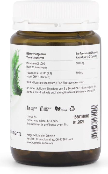 Valori nutrizionali e ingredienti Andrea Natural Supplements Algenöl (90 pz., Pillole, 161 g)