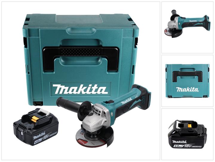 1x Makita DGA 452 Akku Winkelschleifer, 1x Schutzhaube, 1x Montageschlüssel, 1x Makita BL 1840 B 18V 4,0 Ah Akku, 1x Makita Makpac, 1x passende Einlage