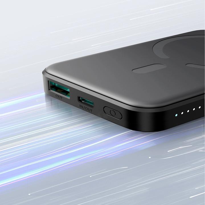 Actual product image Joyroom Powerbank JR-W020 Mini 5000mAh USB-A USB-C inductive 20W - black + USB-C / USB-C cable (5000 mAh, 20 W, 18.50 Wh)