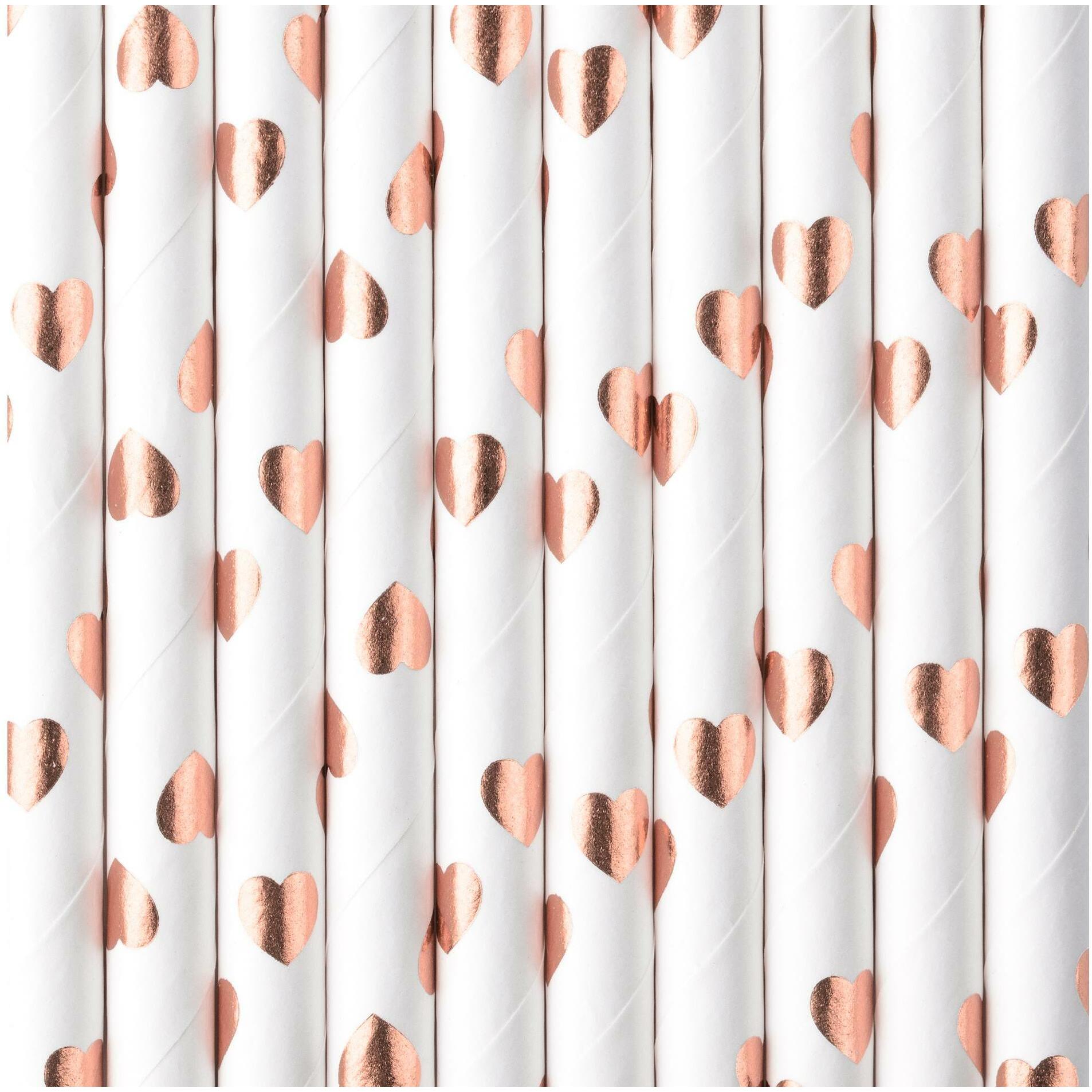 Thumbnail - Partydeco Papierstrohhalme - RoseGold Herzen (10St.), Strohhalm, Rosa, Gold