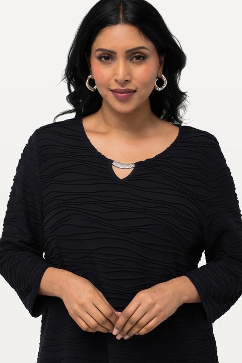 Image du produit Ulla Popken T-shirt à col rond et manches 3/4, texture ondulée, découpe fantaisie (42, 44)