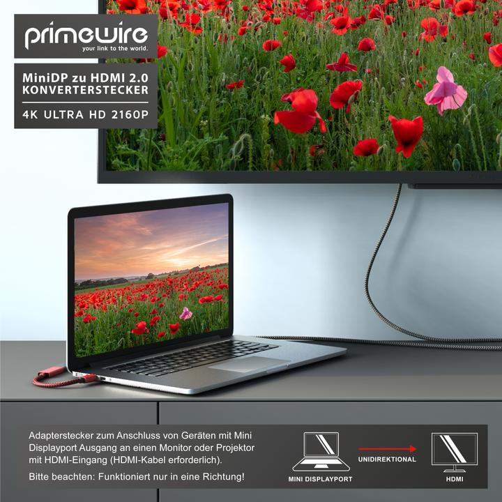 Image du produit Primewire Adaptateur 4K Mini Displayport vers Hdmi 2.0, câble Mini DP, adaptateur mDP, 4K@60Hz, Thunderbolt (0.15 m, HDMI)