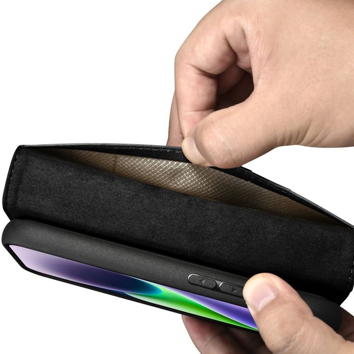 Produktbild iCarer oil Wax Wallet Case 2 in1 Cover iPhone 14 Plus Anti-RFID Leder Flip Case Schwarz (WMI14220723 (Apple iPhone 14 Plus)