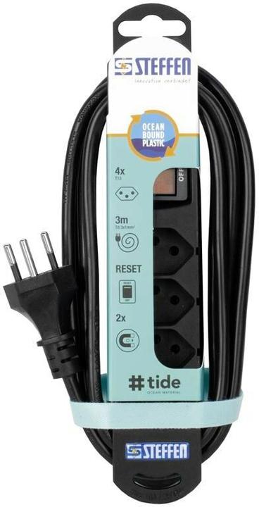 Produktbild Steffen Steckdosenleiste TIDE 4xT13 3m mit Schalter und Haftmagnete sw (4 x, Typ 13, 3 m)