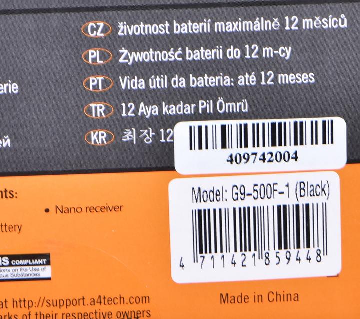 Actual product image A4Tech G9-500F Wireless, No, Black, Yes, Wireless connection (Wireless)