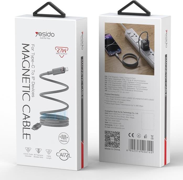 Image du produit Yesido Câble magnétique à charge rapide USB-C vers Lightning PD 60W, 1m - Gris (1 m, USB 2.0, 60 W)