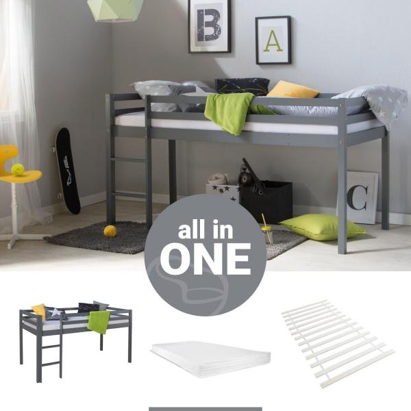 Produktbild Homestyle4u Hochbett Spielbett Kinderbett mit Lattenrost, Matratze, Leiter und Rutsche (90 x 200 cm)