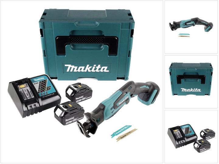 1x Makita DJR 183 18V Li-ion cordless reciprocating saw, 2x Makita saw blade, 1x Makita DC 18 RC charger, 2x Makita 3.0 Ah battery, 1x Makpac, 1x instruction manual