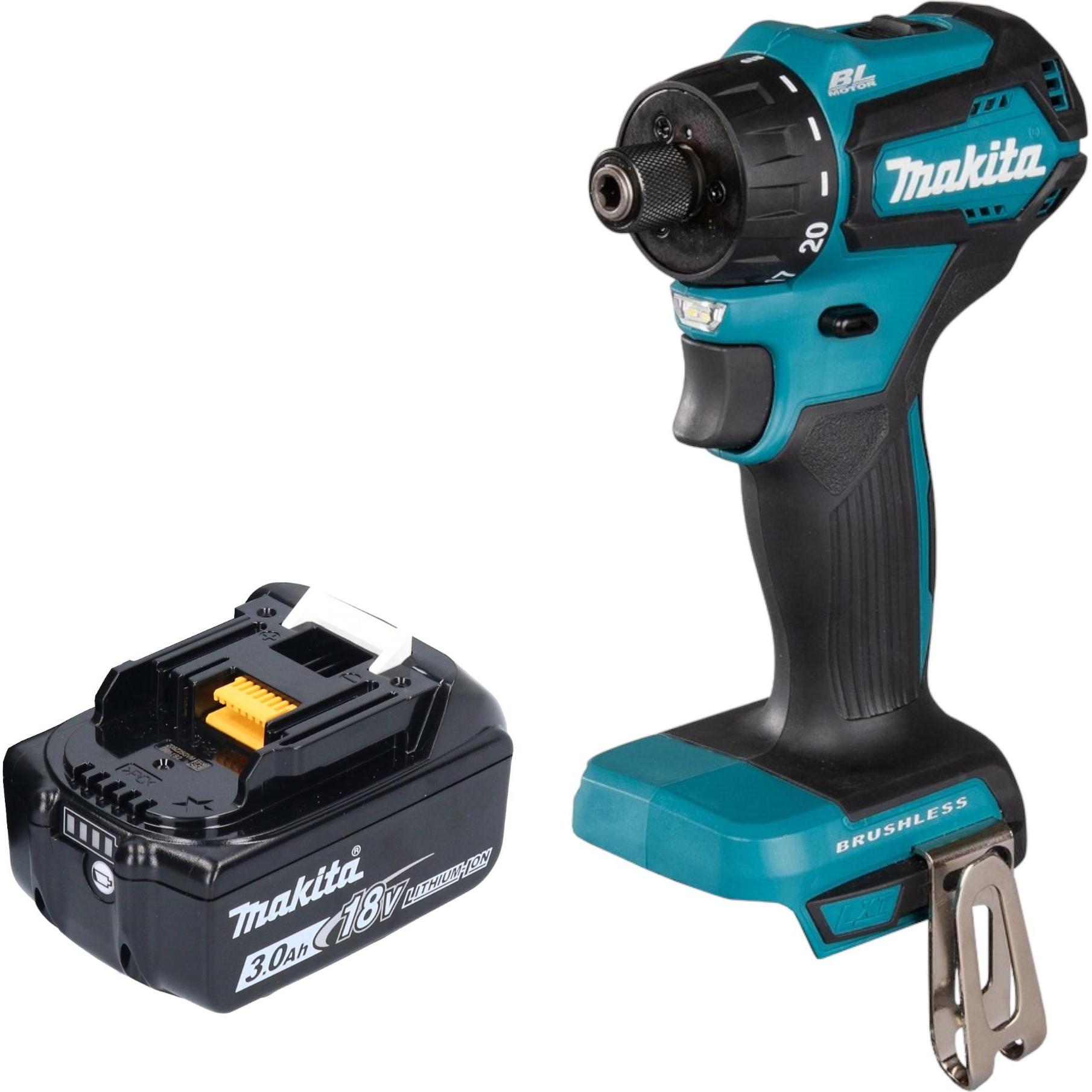 Makita, Bohrmaschine + Akkuschrauber, DDF 083 F1 Akku Bohrschrauber 18 V 40 Nm 1/4" Brushless + 1x Akku 3,0 Ah - ohne La...