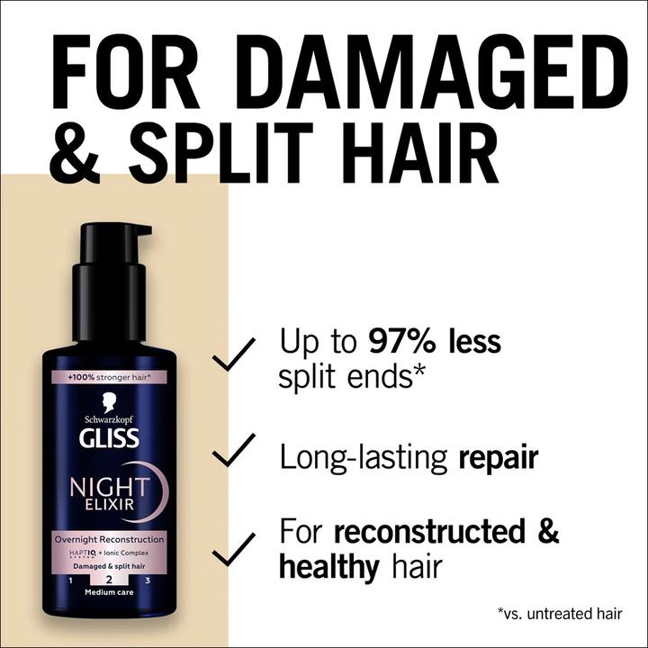 Produktbild Schwarzkopf Gliss Night Elixir Reconstruction Regenerating Night Treatment Without Rinse For Damaged And Split (100 ml)
