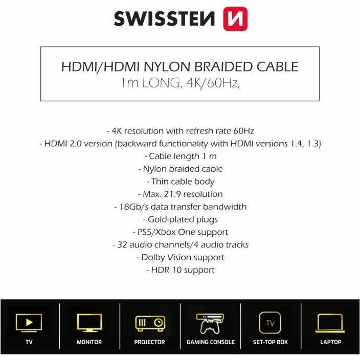 Thumbnail - Swissten Cable HDMI To HDMI 4K 60Hz 1.0 M (1 m, HDMI), Video Kabel