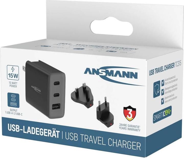 Actual product image Ansmann USB-Ladegerät Travel Charger TC315 / 3 A / 15 W / 3 Port (15 W, 3 ports)