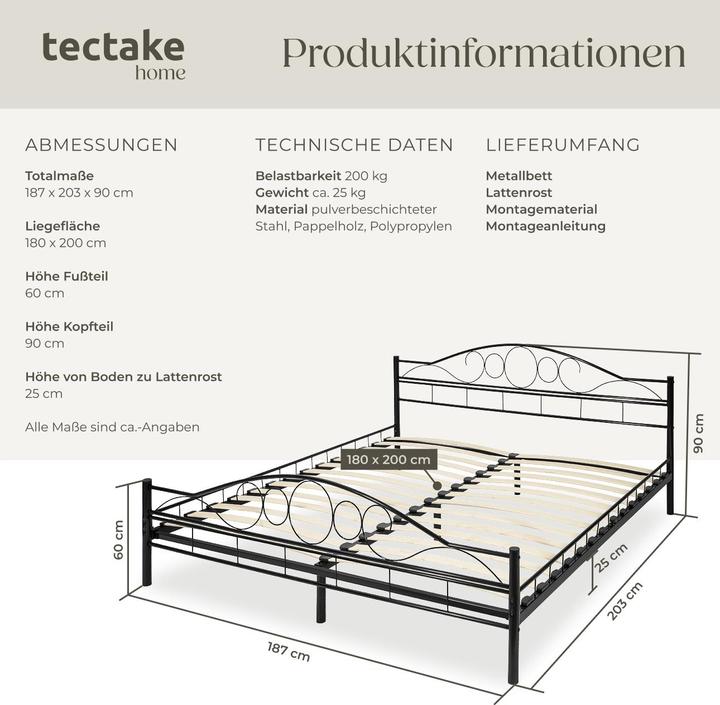 Produktbild tectake Metallbett (200 x 180 cm)