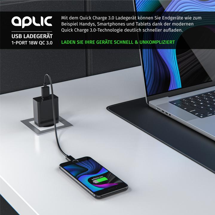 Actual product image Aplic USB charger 3000 mA, Quick Charge 3.0 USB charger 1x USB A QC 3.0 port, max. 3A via QC, black (1 portion)