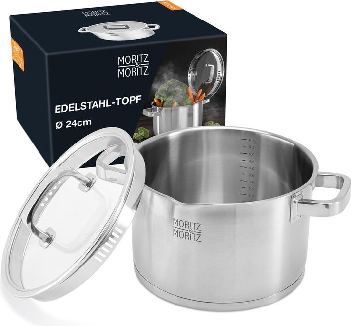 Actual product image Moritz & Moritz Stainless steel saucepan induction 24cm with sieve in the lid - Suitable for all hob types (Pot, Stainless steel)