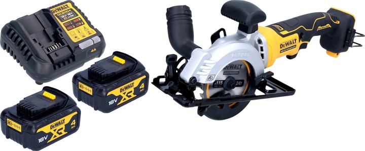 1x DeWalt DCS 571 cordless portable circular saw, 2x DeWalt DCB 182 18 V 4.0 Ah battery, 1x DeWalt charger