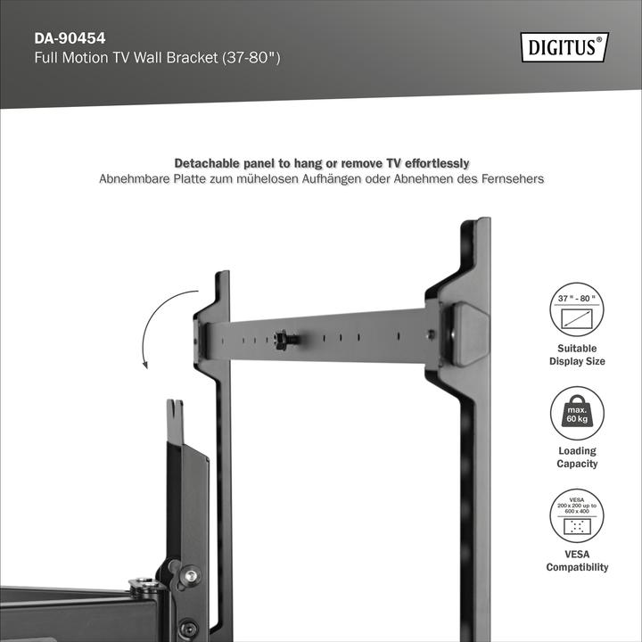 Immagine prodotto Digitus Montaggio a parete 600x400 -60kg 37-80"/movimento completo/inclinazione/rotazione (Muro, 60 kg, 37" - 80")