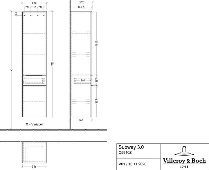 Produktbild Villeroy & Boch Subway 3.0, Hochschrank, 2 Türen Anschlag (Scharnier) rechts und 1 Auszug, C59102