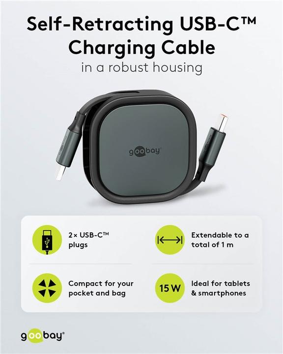 Image du produit Goobay Selbstaufrollendes USB-C-Kabel, 1 m, schwarzsilber (1 m, USB 2.0, 15 W)
