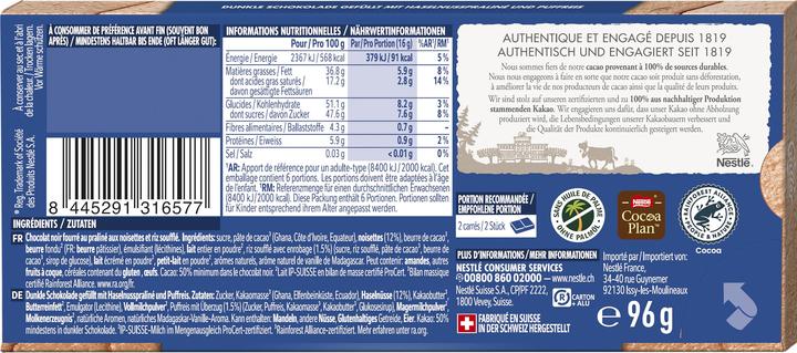 Valeurs nutritives et ingrédients Cailler Pralinato (96 g)