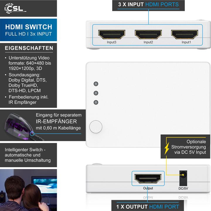 Actual product image CSL 3 port HDMI switch, audio / video distributor with amplifier, 3D, Full HD, incl. remote control