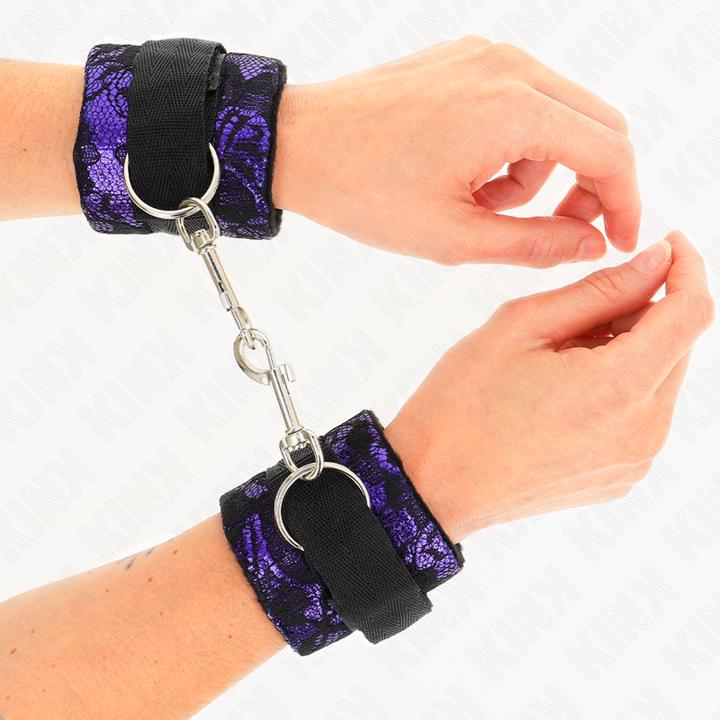 Actual product image Kink Short Wrist Cuffs Made Of Velvet Lace And Nylon Binding Purple/Black 23 X 6.5 cm