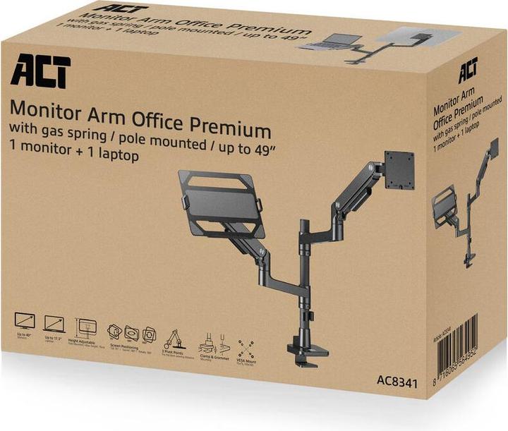 Image du produit ACT Bras simple pour écran et ordinateur portable Office premium, avec vérin à gaz, monté sur pied (Tables, 49", 20 kg)
