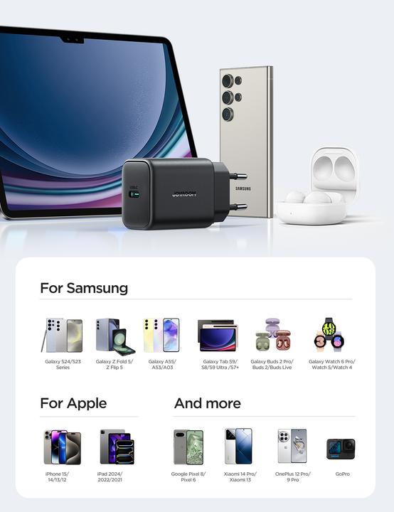 Produktbild Joyroom 25W Single USB-C Charger with 60W C to C Cable, 1m - Black (25 W, 1 Port)