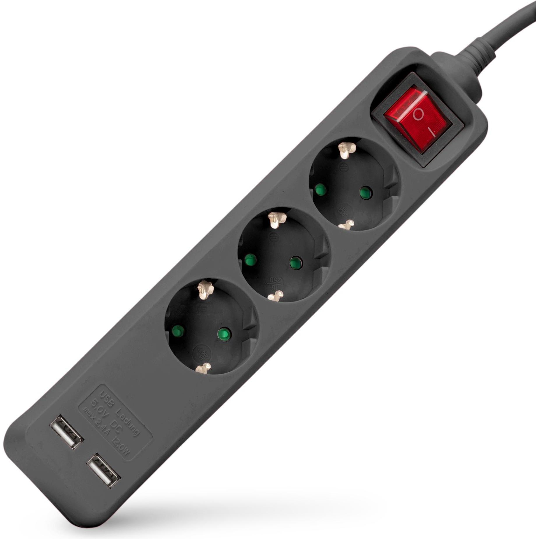Entac, Ciabatta multipresa, Steckdosenleiste 3fach 2x USB-A, 1,5m schwarz (3x, USB-A, 1.50 m)