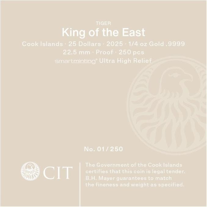 Actual product image CIT Coin Invest Gold King of the East - Tiger 1/4 oz PP - Ultra High Relief (999.90, 2025)