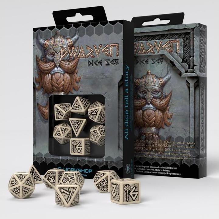Actual product image Q Workshop SDWA18 - Dwarf beige and black dice set (7 pieces)