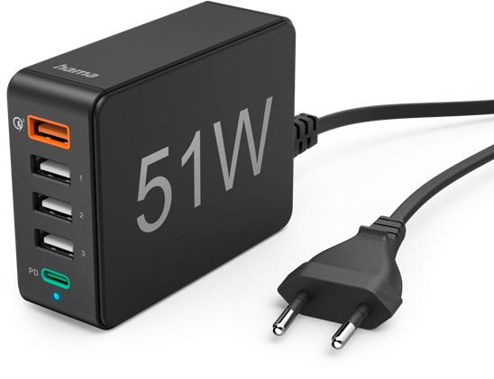 Produktbild Hama Schnellladegerät 5 Ports, 1x QC 3.0, 3x USB-A, 1x USB-C PD, 51 W, Schwarz (51 W, 5 Ports)