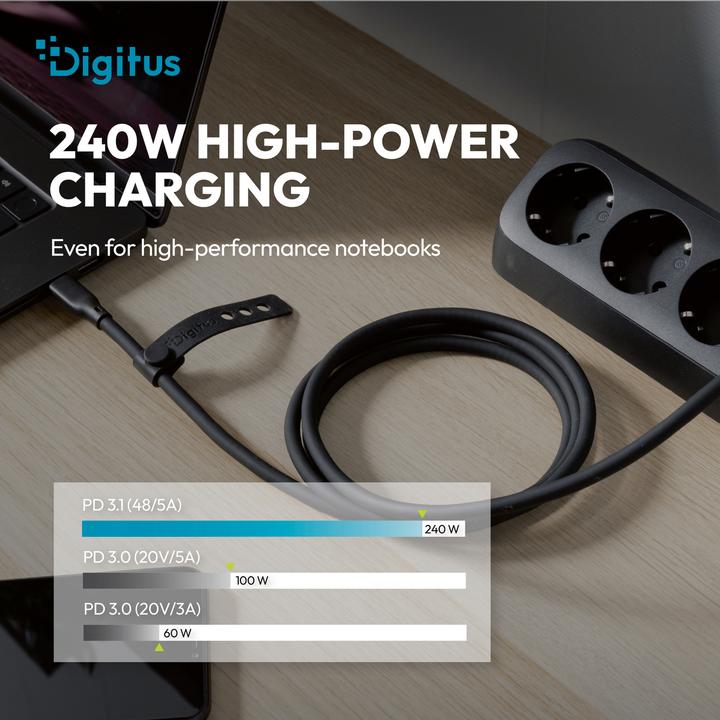Produktbild Digitus USB Silikon Kabel, USB4 Version 2.0, USB 80Gbps, 1m, schwarz (1 m, USB 4 Version 2.0, 240 W)