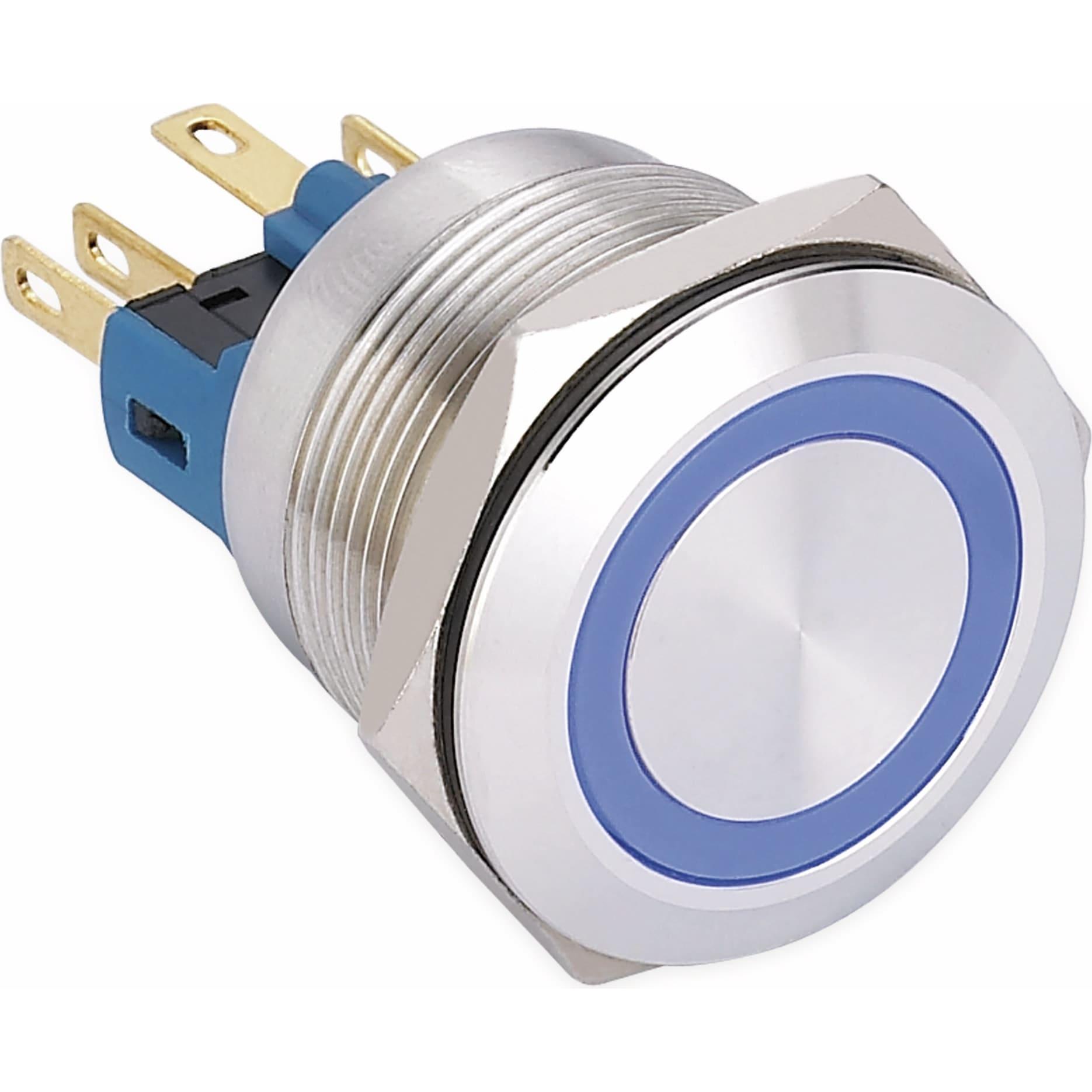 Onpow Schalter, 24 V/DC, 1x Off/(On), Beleuchtung blau, Lötanschluss, flach rund, Edelstahl, 22 mm, Taster + Schalter, B...