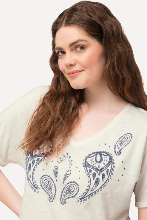 Immagine prodotto Ulla Popken T-shirt con stampa floccata, scollo a V, mezze maniche e cotone biologico (50, 52)
