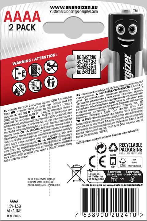 Actual product image Energizer Max Alkaline (2 pcs., AAAA, 595 mAh)