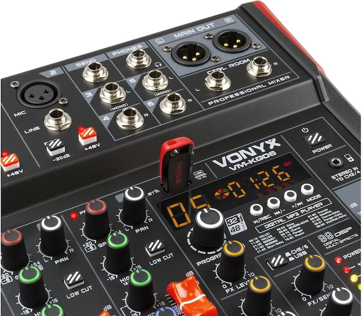 Actual product image Vonyx VM-KG06 - 6-kanaals mengpaneel Bluetooth, DSP, mp3 speler en USB audio interface (Studio- and Livemixer)